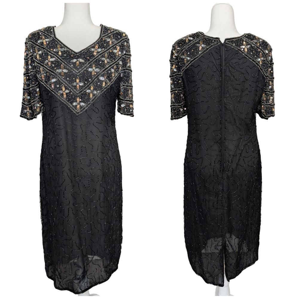 Carina Womens Black Silver Gold Vintage 80s Silk Sequin Beaded Midi Dress Large